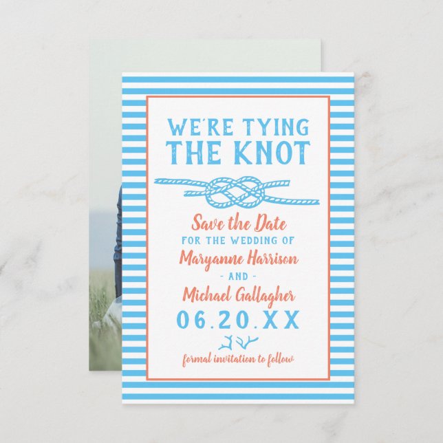 Beach Wedding Tying the Knot Nautical Stripe Photo Save The Date (Front/Back)