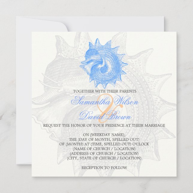 Beach Wedding Vintage Mollusk Shell Blue Invitation (Front)
