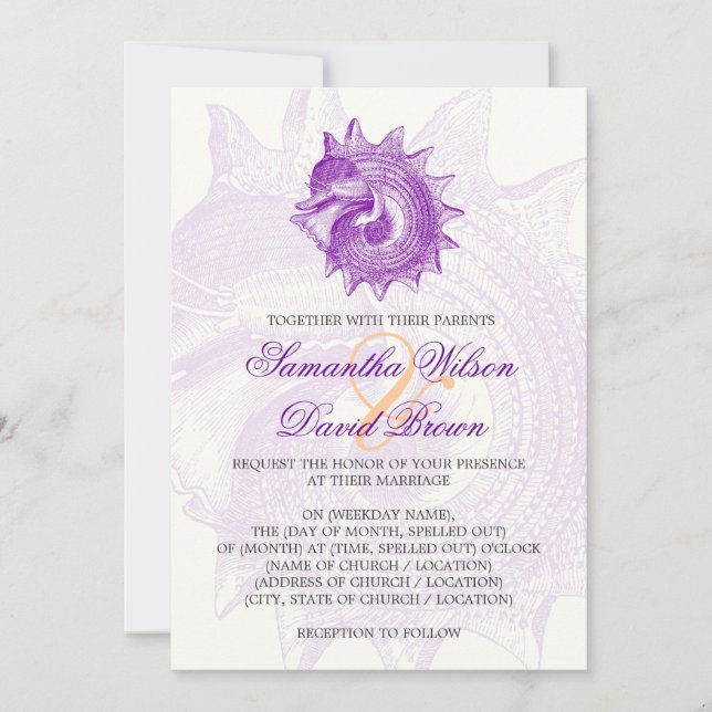 Beach Wedding Vintage Mollusk Shell Purple Invitation (Front)
