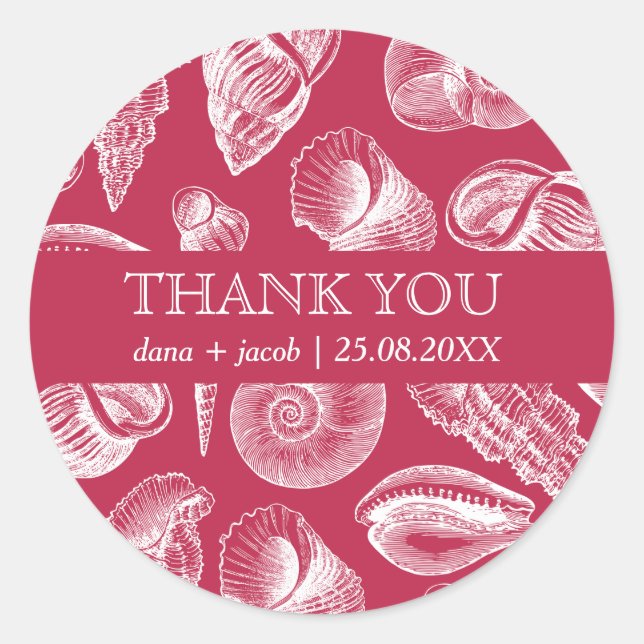 Beach Wedding Viva Magenta White Seashell Thanks Classic Round Sticker (Front)