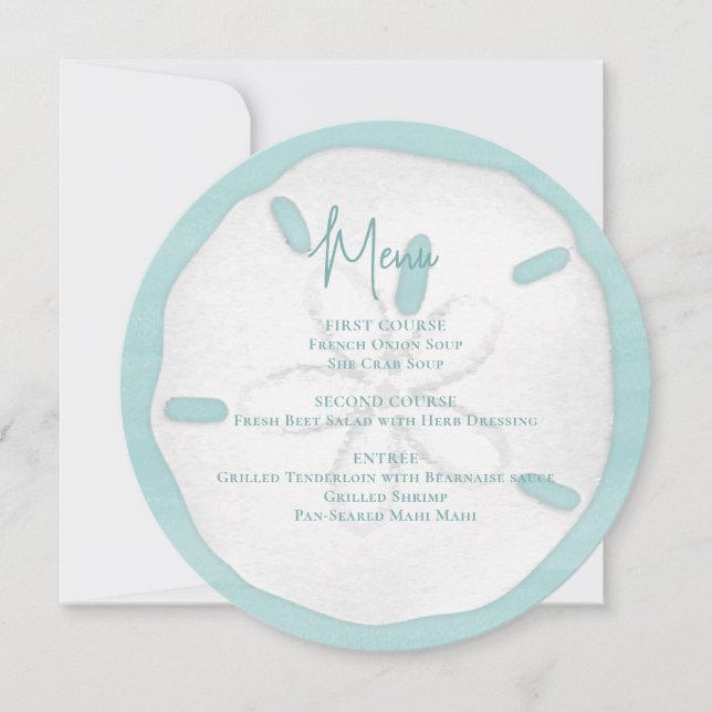 Beach Wedding Watercolor Sand Dollar Menu Invitation (Front)