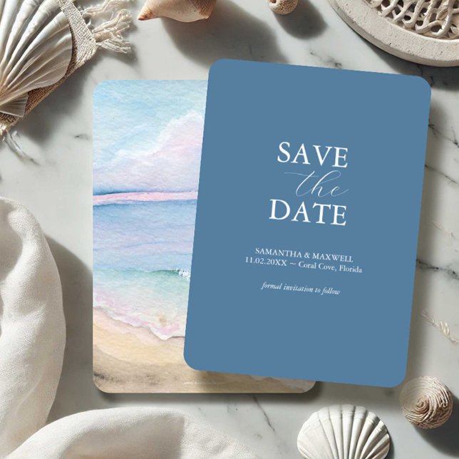 Beach Wedding Watercolor Save The Dates Save The Date (beach wedding save the dates watercolor ocean art by Victoria Grigaliunas of Do Tell A Belle)