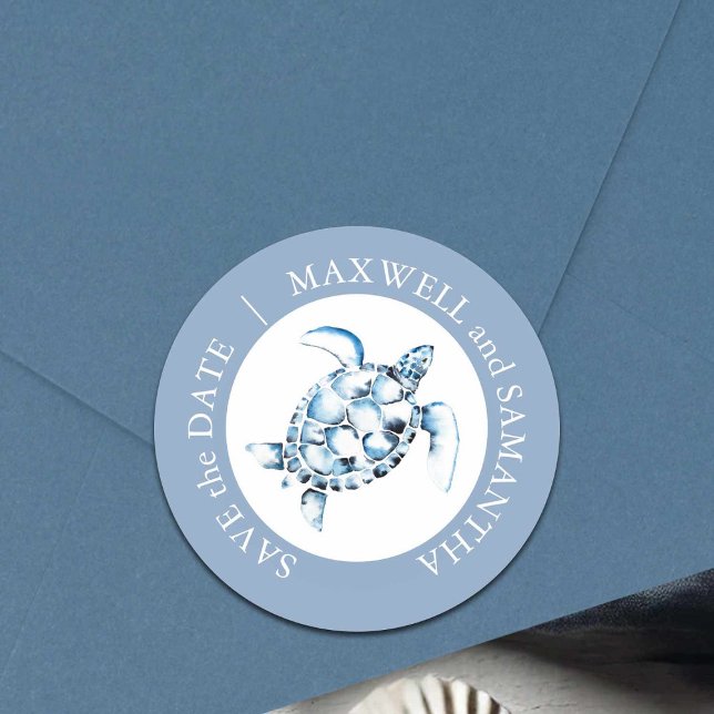 Beach Wedding Watercolor Sea Turtle Blue Classic Round Sticker (Save the date sticker envelope seal watercolor sea turtle art Victoria Grigaliunas Do Tell A Belle)