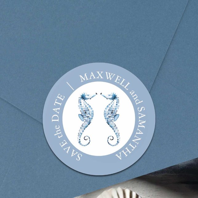 Beach Wedding Watercolor Seahorses Blue Classic Round Sticker (Save the date envelope seals watercolor seahorse design by Victoria Griglaiunas Do Tell A Belle)