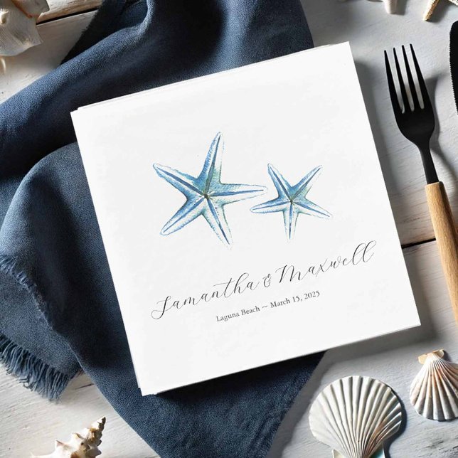 Beach Wedding Watercolor Starfish Napkin (Beach wedding cocktail napkins personalized with the bride and grooms names and blue starfish)