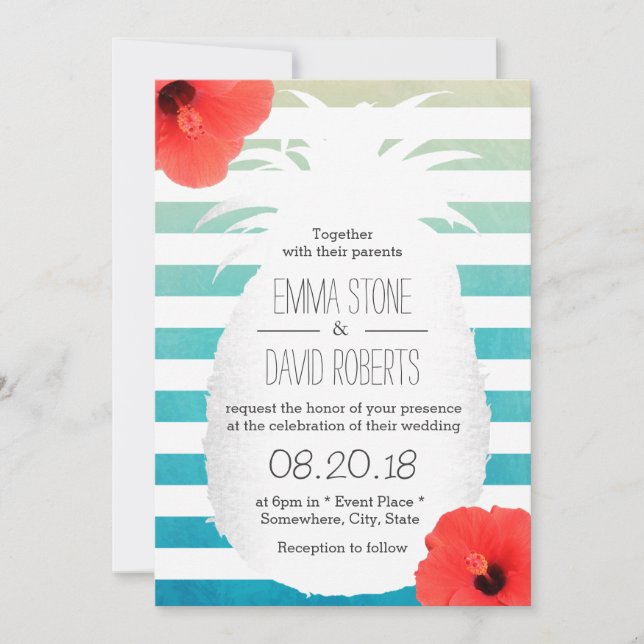 Beach Wedding Watercolor Stripes Pineapple Invitation (Front)