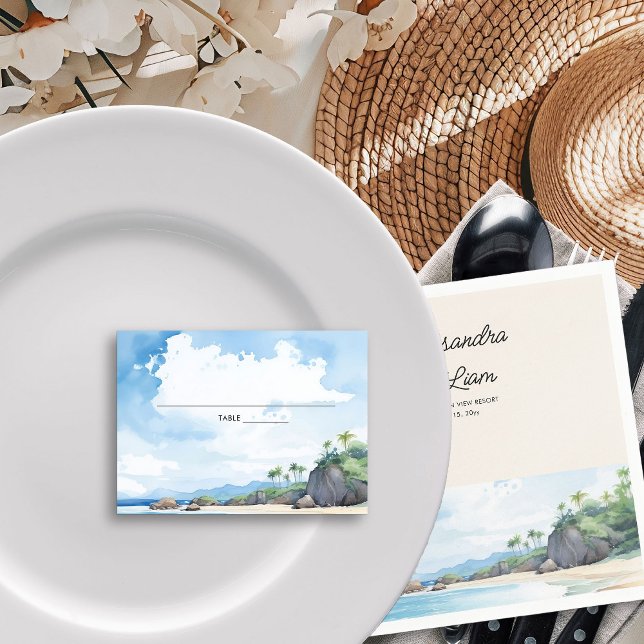 Beach Wedding Watercolor Tropical Horizon Place Card (Wedding table place cards from the Summer Beach Wedding Collection by Darling & May)