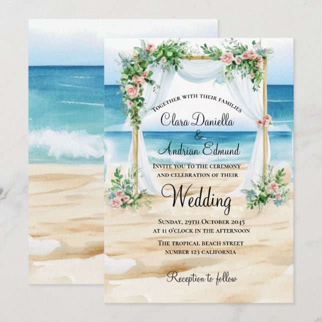 Beach Wedding Watercolor Wedding  Announcement (Front/Back)