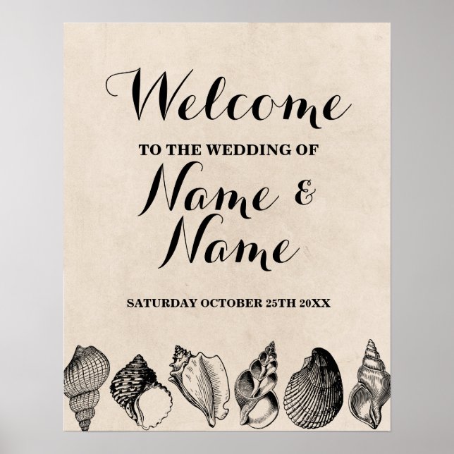 Beach Wedding Welcome Poster Shells Ocean (Front)