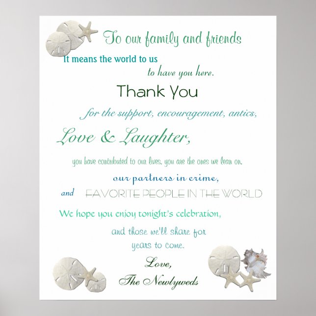 Beach Wedding Welcome Sign, Seashells, Starfish, Poster (Front)