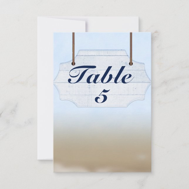 Beach Wedding White Wood Sign Table Number Card (Front)