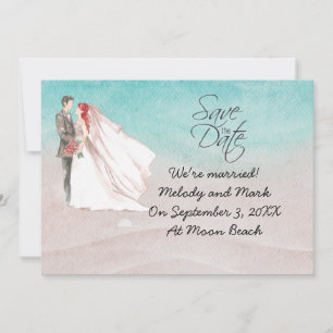 Beach Wedding with bride and groom on the beach In Invitation