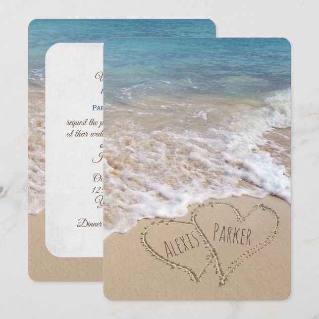 Beach wedding with hearts invitation (Front/Back)