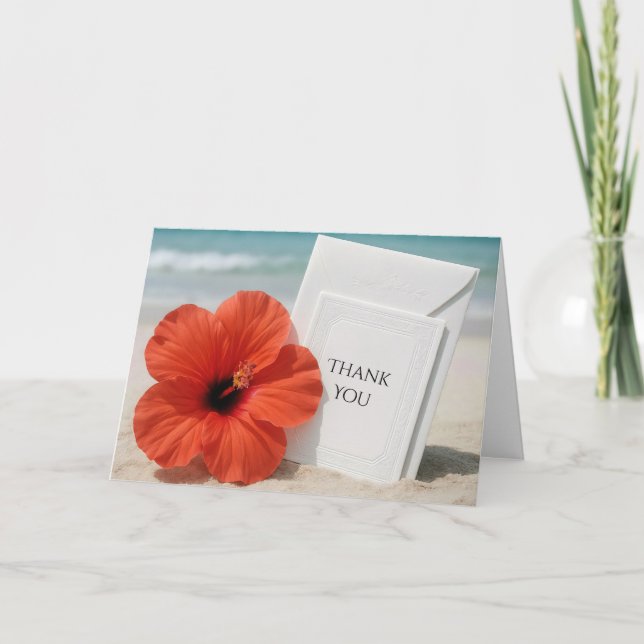 Beach Wedding With Hibiscus Flower Thank You Card (Front)
