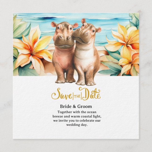  Beach Wedding with Hippo Couple  Invitation (Front)