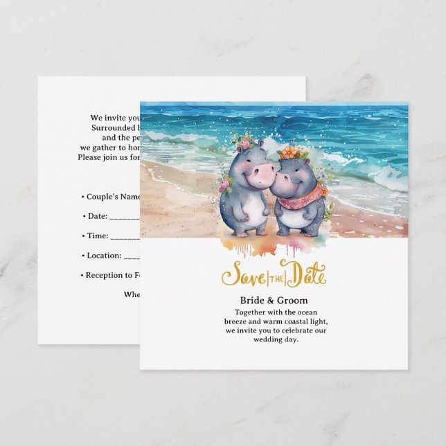  Beach Wedding with Hippo Couple  Save The Date (Front/Back)