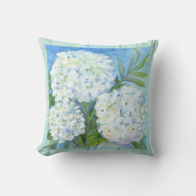 Beach White Hydrangea Floral Painterly Driftwood Cushion (Front)