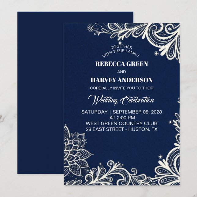 beach white lace navy blue nautical wedding invitation (Front/Back)