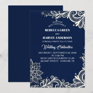 beach white lace navy blue nautical wedding invitation