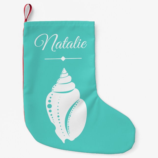 Beach White Seashell  Ocean Green & Name Small Christmas Stocking (Front)