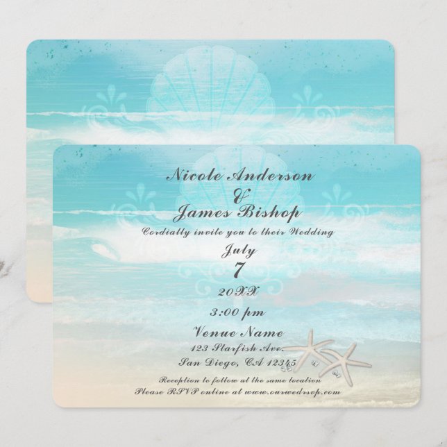Beach White Starfish Elegant Summer Wedding Invitation (Front/Back)