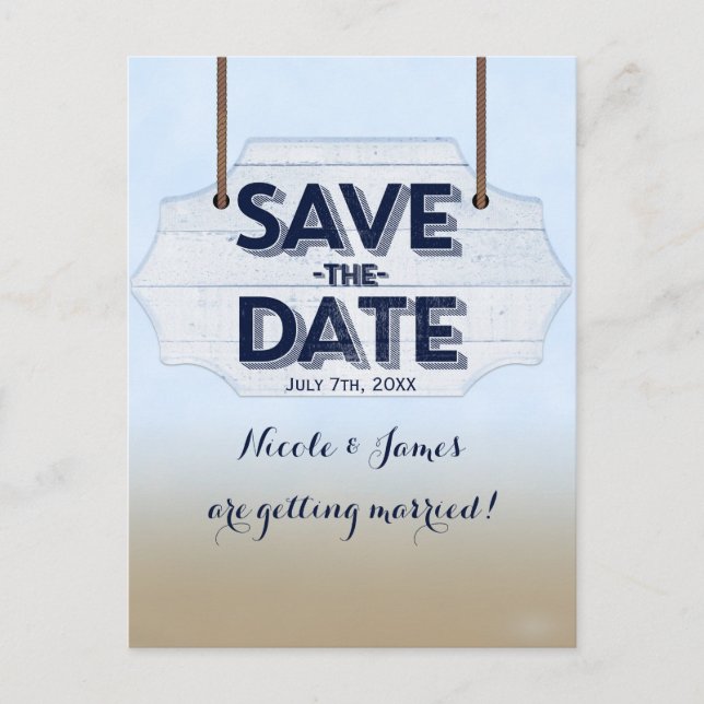 Beach White Wood Sign Save The Date Postcard (Front)