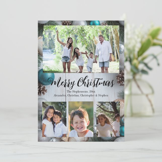 Beach Whitewash Turquoise 4-Photo Merry Christmas Invitation (Standing Front)