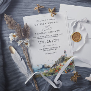 Beach Wildflower Lighthouse Beach Elegant Wedding Invitation