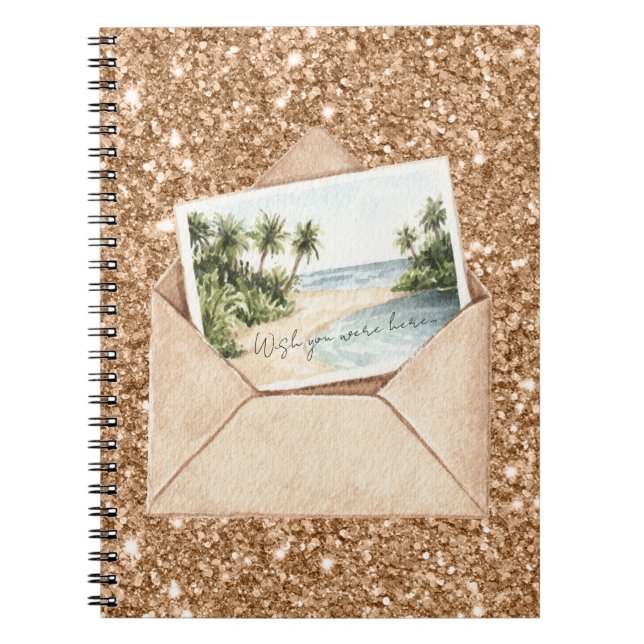 Beach Wish You Were Here Postcard Gold Glitter Notebook (Front)