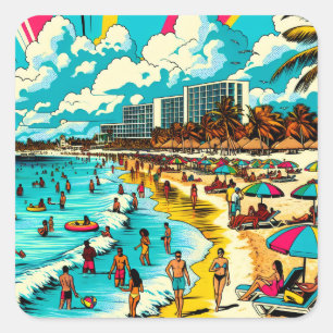 Beach with a Comic Book Pop Art Vibe Square Sticker