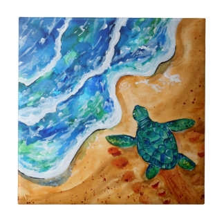 Beach with Green Turtle and Blue Ocean Waves Tile