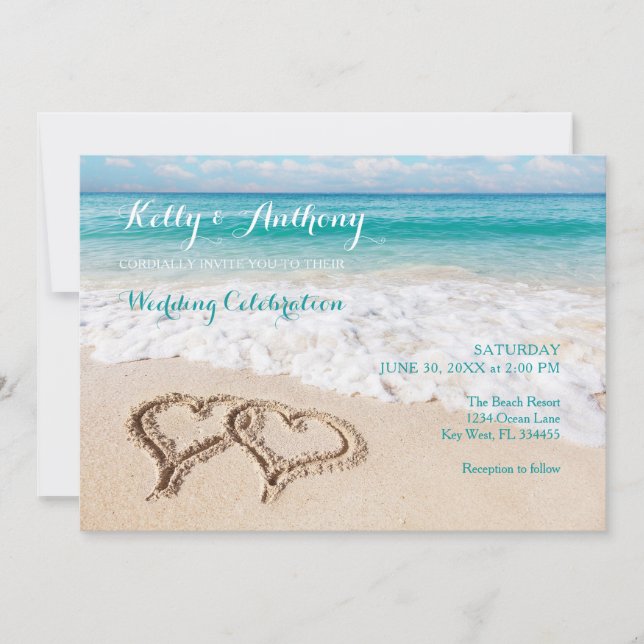 Beach with Hearts on the Sand Wedding Invitation (Front)