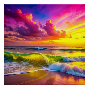 Beach with Yellow and Pink Ocean Waves Vibrant Poster