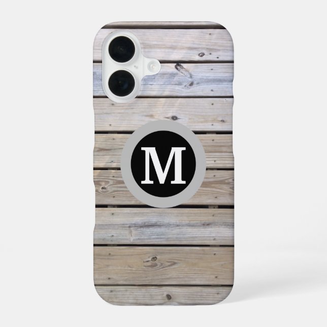 Beach Wood Background Monogrammed iPhone 16 Case (Back)