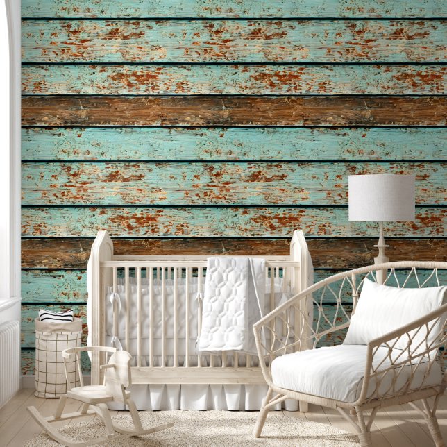 Beach wood grain blue brown distressed planks wallpaper (Kids)