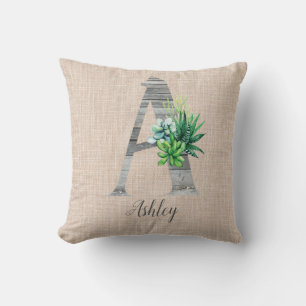 Beach Wood Letter A & Succulents Personalised Cushion