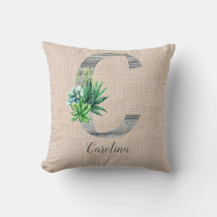 Beach Wood Letter C  & Succulents Personalised  Cushion