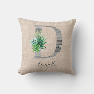 Beach Wood Letter D & Succulents Personalised Cushion