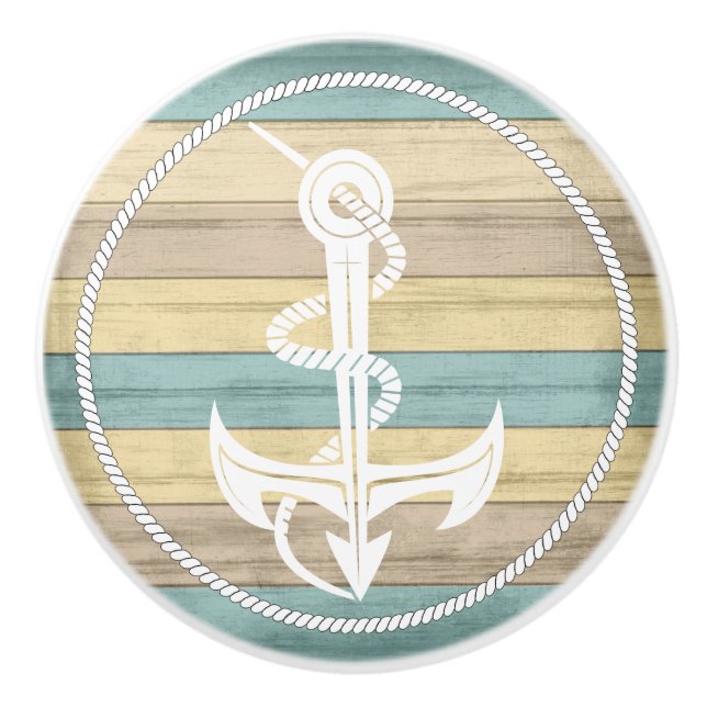 Beach Wood Nautical Anchor - Yellow / Teal Ceramic Knob (Front)