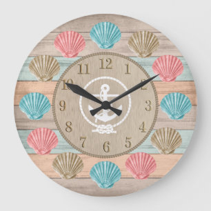 Beach Wood Nautical Seashells & Anchor  Large Clock