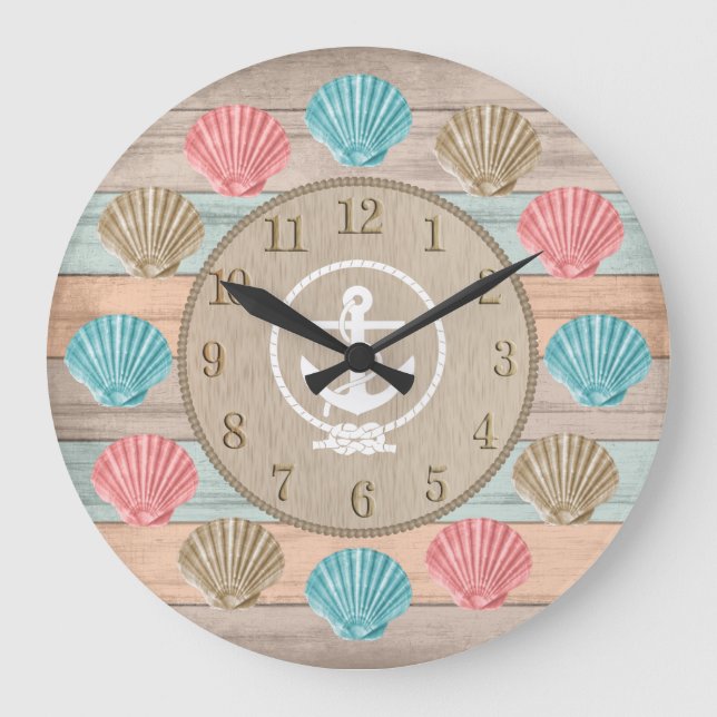 Beach Wood Nautical Seashells & Anchor  Large Clock (Front)
