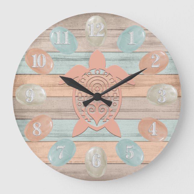 Beach Wood Nautical Stripes, Sea Glass, Turtle Large Clock (Front)