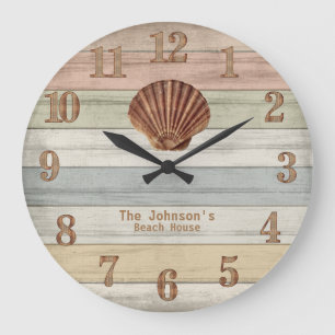 Beach Wood Nautical Stripes & Seashell Large Clock