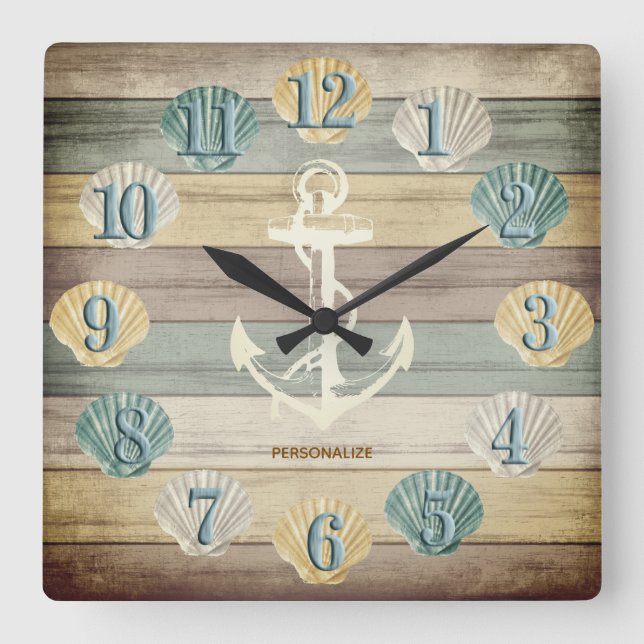 Beach Wood Nautical Stripes with Anchor  Square Wa Wall Clock (Front)