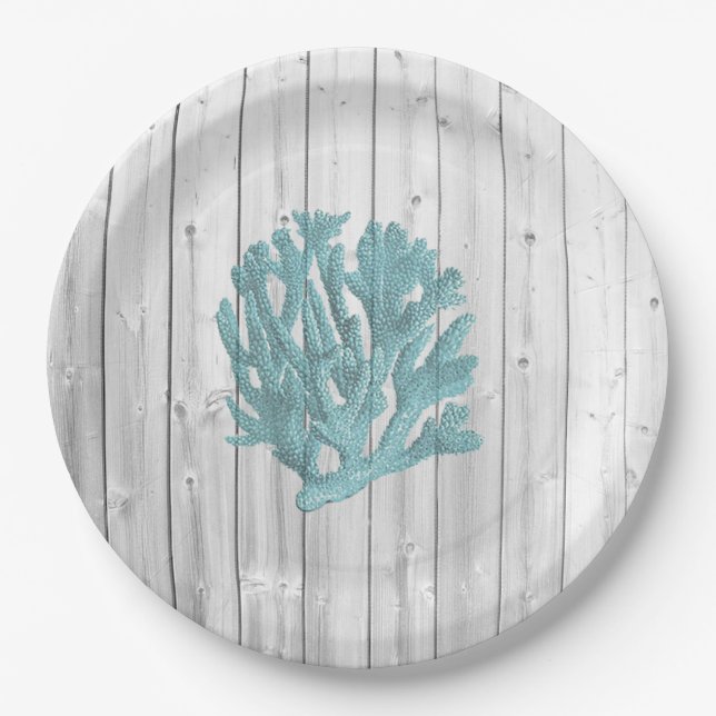 Beach Wood Teal Coral Paper Plates (Front)