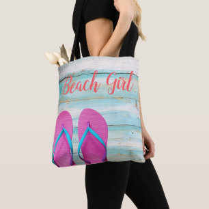 Beach wood Teal Pink Flip Flops Tote Bag