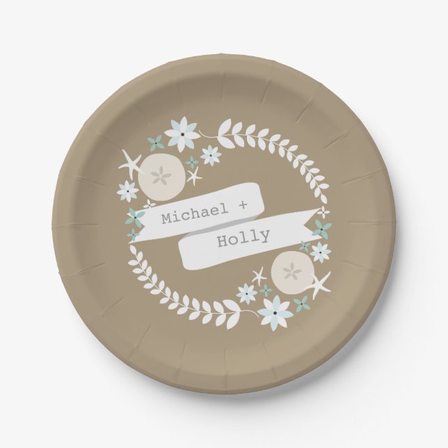 Beach Wreath Names Wedding Paper Plate (Front)