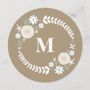 Beach Wreath Sand Dollar Round Monogram Wedding Invitation