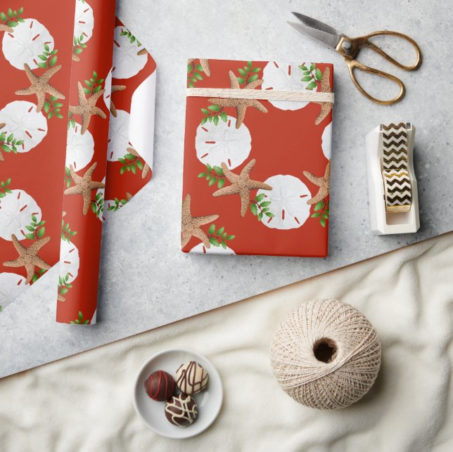Beach Wreath Sand Dollars Pattern Christmas Wrapping Paper (Crafts)
