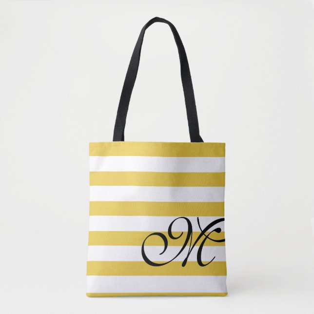 Beach Yellow & White Stripes Monogram Chic Tote Bag (Front)
